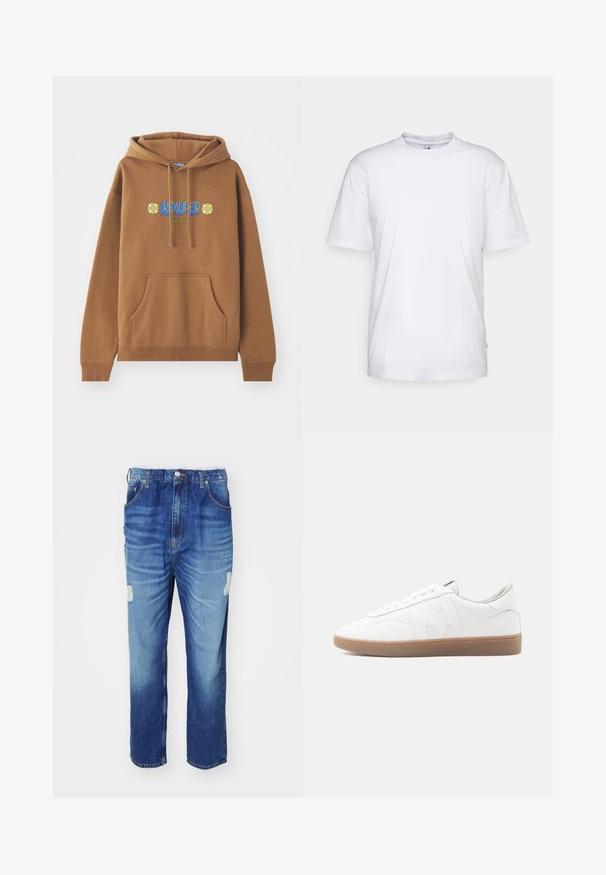 Bruine hoodie gemaakt van een katoenmix. Heeft een voorzak, een trekkoordcapuchon en een kleurraf "KIDSUPER" grafisch ontwerp met bloemaccenten.; Witte katoenen t-shirt met een ronde hals, korte mouwen en een rechte zoom. Heeft een klein merktag aan de linkerkant van de zijnaad.; Blauwe spijkerbroeken van katoen met een vage wassing, voorzien van een versleten kniebeschermer, vijf zakken en een recht model.; Witte lage sneaker met een zool van geschuurd rubber, gestikte overlays en een vetersluiting op een neutrale achtergrond.