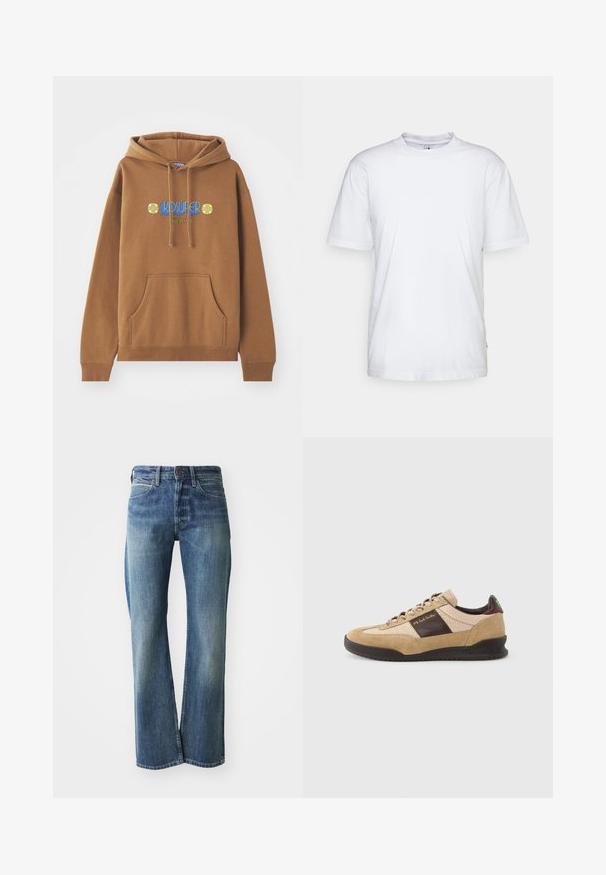 Καφέ hoodie κατασκευασμένο από μείγμα βαμβακιού. Διαθέτει μπροστινή τσέπη, κουκούλα με κορδόνι και πολύχρωμο γραφικό "KIDSUPER" με λουλουδάτα μοτίβα.; Λευκό βαμβακερό μπλουζάκι με στρογγυλή λαιμόκοψη, κοντά μανίκια και ευθεία ραφή στο κάτω μέρος. Διαθέτει μια μικρή ετικέτα της μάρκας στη δεξιά πλευρική ραφή.; Τζιν παντελόνι σε ανοιχτό προς μέτριο μπλε χρώμα, με ίσια γραμμή, κλασικό σχέδιο πέντε τσεπών και διακριτική φθορά στο εμπρός μέρος.; Μπεζ σουέντ αθλητικό παπούτσι με υφή καφέ πάνελ, αντίθετη καφέ φτέρνα και πολύχρωμους κορδόνια. Διαθέτει μαύρη λαστιχένια σόλα και χρυσό λογότυπο.