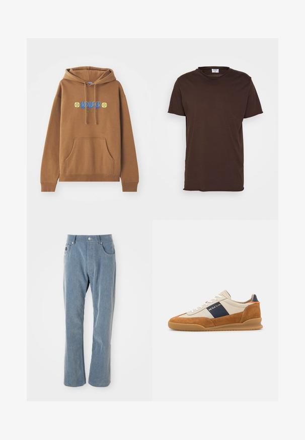 Hnedá mikina s kapucňou vyrobená z bavlneného zmesi. Má predné vrecko, kapucňu so šnúrkou a farebnú grafiku "KIDSUPER" s kvetinovými akcentmi.; Filippa K ROLL NECK TEE - Základné tričko - dark choco; Svetlomodré kordové nohavice s gombíkovým a zipsovým uzáverom, prednými vreckami a rovnými nohavicami na bielom pozadí.; PS Paul Smith DOVER - Tenisky - cognac/off-white