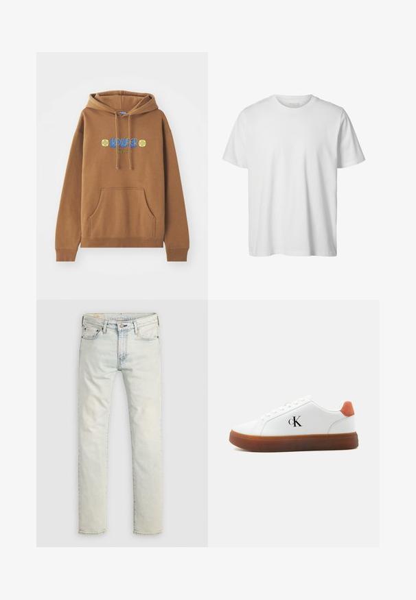 Hoodie marron en tissu mélangé. Présente une poche avant, une capuche avec cordon de serrage et un graphique coloré "KIDSUPER" avec des accents floraux.; T-shirt blanc uni à manches courtes, col rond, coupe décontractée, sans logos ni motifs visibles à l'avant.; Jean en denim bleu clair à coupe droite, doté d'une fermeture à boutons, de poches avant et d'une finition délavée.; Baskets basses blanches avec semelle marron, languette orange au talon, lacets et logo "cK" sur le côté.
