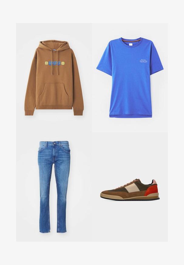 Hoodie marron en tissu mélangé. Présente une poche avant, une capuche avec cordon de serrage et un graphique coloré "KIDSUPER" avec des accents floraux.; T-shirt en coton bleu à manches courtes, col rond, avec un texte imprimé blanc en haut à gauche. Texture lisse et coupe décontractée.; Jean denim bleu avec une coupe droite, dotés d'une fermeture à bouton, de cinq poches et d'un léger dégradé, sur fond blanc.; Baskets décontractées avec des panneaux marron, vert olive, beige, orange et rose, semelle beige, et lacets rayés rouge et blanc, vue de côté sur fond blanc.