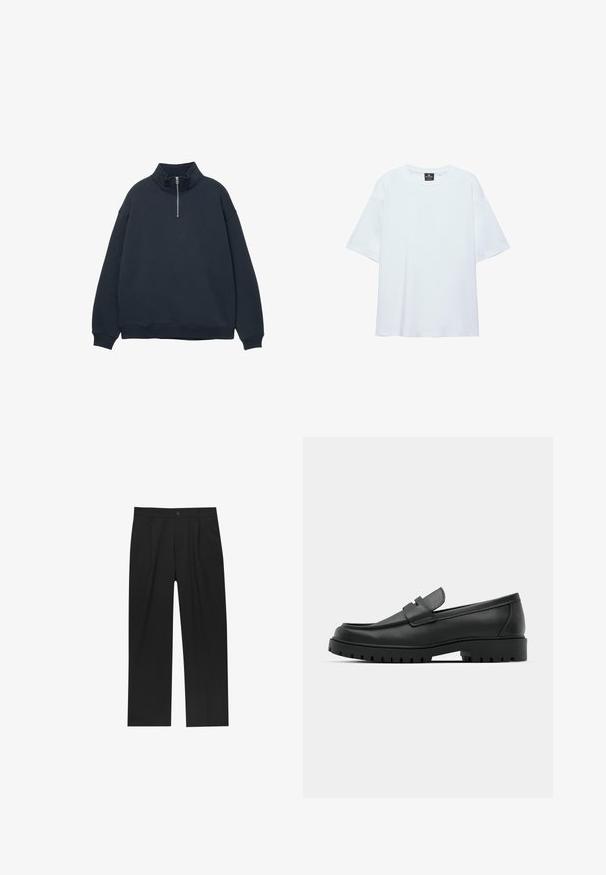 Sweat-shirt bleu marine foncé avec un col haut et une fermeture éclair quart. Fabriqué à partir d'un tissu doux, il présente des épaules tombantes et des poignets côtelés.; T-shirt blanc uni oversize à manches courtes avec col rond et étiquette noire à l'intérieur du col sur fond blanc.; Pantalons noirs au design droit, fabriqués à partir d'un tissu lisse. Dotés de plis sur le devant et d'une fermeture à un bouton à la taille.; Mocassins en cuir noir à bout arrondi, avec un design cousu, une semelle plateforme basse et une semelle en caoutchouc texturée et crantée.
