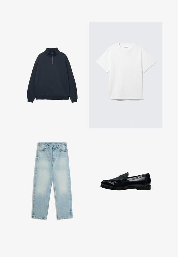 Sweat-shirt bleu marine foncé avec un col haut et une fermeture éclair quart. Fabriqué à partir d'un tissu doux, il présente des épaules tombantes et des poignets côtelés.; T-shirt blanc à manches courtes et col rond, étalé à plat, design uni, avec l'étiquette "WEEKDAY" à l'intérieur du col sur un fond clair.; Jean bleu clair à jambe droite avec taille haute, bouton sur le devant, fermeture éclair, passants de ceinture et poches avant, présenté à plat sur fond blanc.; Mocassin penny loafer pour homme en cuir noir avec bout moc cousu et petit talon, présenté de profil sur fond blanc.