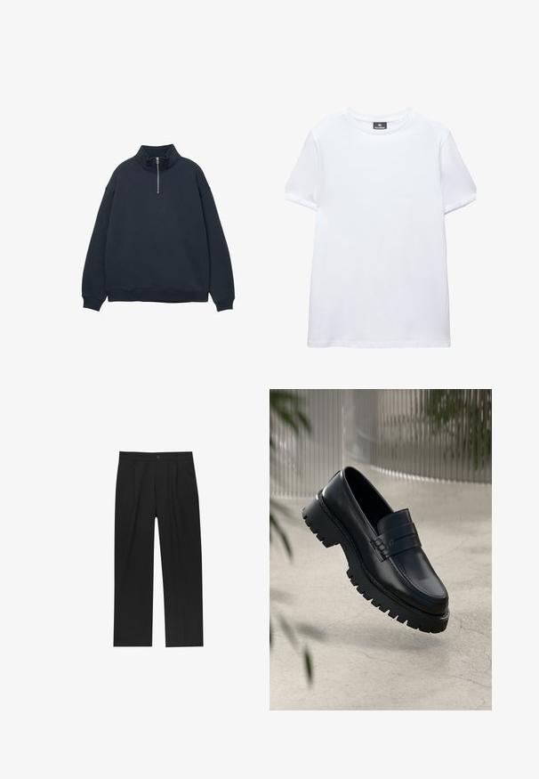 Mørk navy sweatshirt med høj krave og kvart lynlås. Fremstillet af blødt stof, med dropped shoulders og ribbede manchetter.; Simpel hvid t-shirt med korte ærmer og rund halsudskæring med en sort Pull&Bear mærkat indeni kraven, vist på en hvid baggrund.; Sorte bukser med lige ben, lavet af et glat stof. Har frontfolder og en enkelt knaplukning i taljen.; Sorte læder loafers med en chunky sål, der har en dekorativ rem og syninger. Glat tekstur med en poleret overflade.