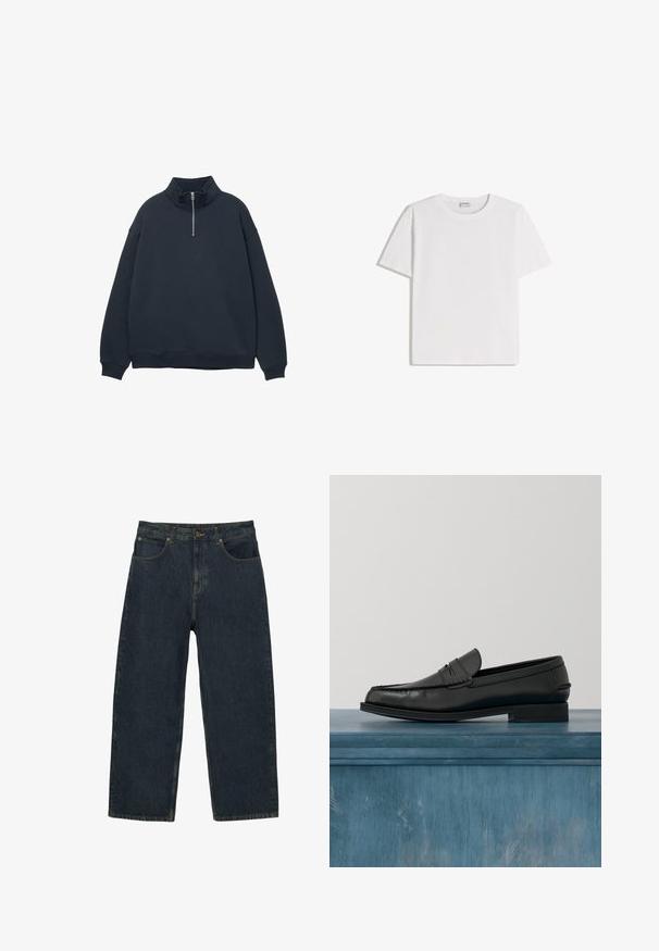 Mørk navy sweatshirt med høj krave og kvart lynlås. Fremstillet af blødt stof, med dropped shoulders og ribbede manchetter.; Hvid bomuld T-shirt med rund halsudskæring og korte ærmer. Har en klassisk, firkantet form uden synlige mønstre eller detaljer.; Mørkeblå højttaljede denimjeans med lige ben, forlommer, knaplukning og synlige sømme.; Sorte læderloafers med et slankt design, der har syning ved tåen og en glat finish. Skoen har en lav hæl og minimal udsmykning.