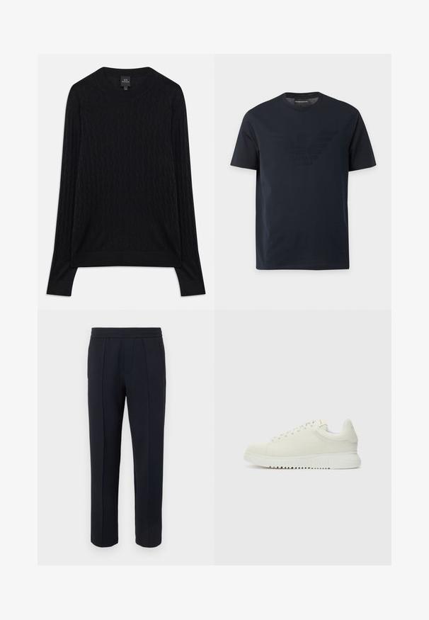 Pull en tricot noir avec un motif en chevrons, col rond et poignets côtelés. Texture douce et coupe décontractée. Manches longues avec des fentes sur les côtés.; T-shirt noir à manches courtes avec col rond, comportant un logo aigle en relief discret sur la poitrine et une étiquette de marque à l'intérieur du col.; Pantalon noir à jambe droite avec détail de couture avant, taille élastique et poches latérales sur un fond clair uni.; Baskets blanches en cuir avec un dessus texturé, bout rond, semelle plate blanche et lacets ton sur ton. Marque discrète sur la languette.