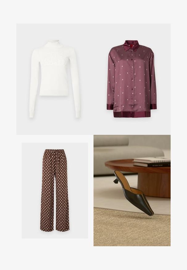 Pull à col roulé long à manches blanches. Présente un col et des poignets côtelés avec un design de texte brodé en relief indiquant "Juste". Matériau en tricot doux.; Chemise en satin bordeaux avec des rayures blanches verticales et de petits motifs de logo. Elle présente un col pointu et des manches longues avec fermeture à boutons.; Pantalon large marron à pois blancs, avec taille élastique et cordon de serrage, présenté sur un fond clair uni.; Mule en cuir noir avec un petit talon géométrique sur un tapis beige, près d'une table basse ronde en bois avec des livres empilés.