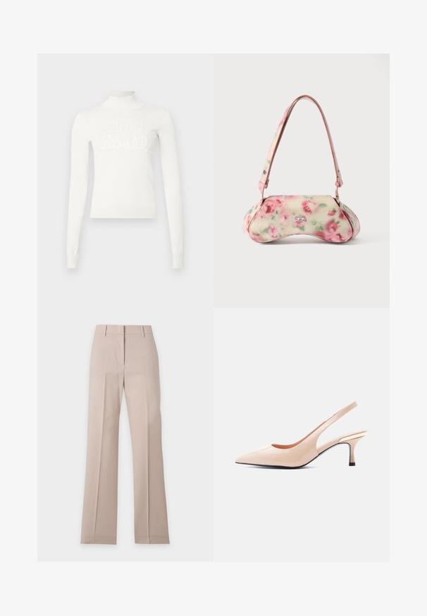Pull à col roulé long à manches blanches. Présente un col et des poignets côtelés avec un design de texte brodé en relief indiquant "Juste". Matériau en tricot doux.; Pantalon beige à jambes droites avec passants de ceinture et pli devant, présenté à plat sur fond blanc.; Escarpin slingback nude brillant à bout pointu avec un petit talon kitten bas et un accent doré sur le contrefort du talon.; Sac à main imprimé floral de forme incurvée, principalement crème avec des roses roses, doté d'une bandoulière rose et d'un accent logo argenté. Texture lisse.