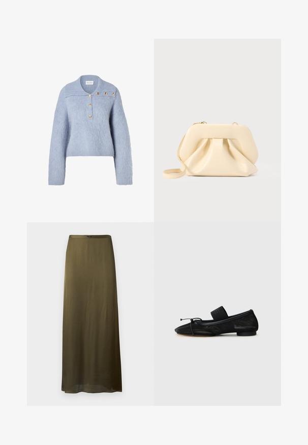 Pull en maille duveteuse bleu clair avec un col polo, doté de quatre boutons dorés sur la patte de boutonnage et d'une silhouette carrée.; Jupe longue couleur vert olive en tissu lisse et léger avec un léger éclat. Elle présente une taille élastique simple et aucun motif visible.; Chaussure plate noire avec un bout pointu, fabriquée en tissu texturé, avec un accent à nœud et un petit talon rond. Sangle élastique au niveau de la cheville.; Pochette en cuir souple beige avec cadre structuré et détail plissé à l'avant, équipée d'une fine bandoulière pour poignet et d'une fermeture éclair dorée.