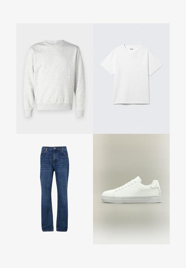 Sweatshirt gris en tissu doux. Présente un col rond, des manches longues, des poignets côtelés et un ourlet côtelé. Design simple et sans ornement.; T-shirt blanc à manches courtes et col rond, étalé à plat, design uni, avec l'étiquette "WEEKDAY" à l'intérieur du col sur un fond clair.; Jeans en denim bleu foncé avec une coupe droite, dotés de poches avant, de passants de ceinture et d'une fermeture à glissière avec bouton.; Baskets basses blanches à lacets, doté d'un col rembourré et d'une semelle en caoutchouc texturée, présentées de profil sur un fond neutre.