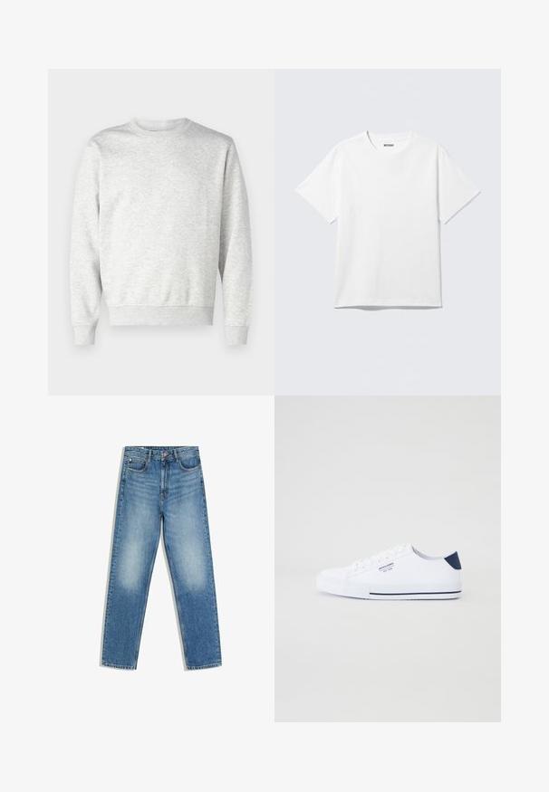 Sweatshirt gris en tissu doux. Présente un col rond, des manches longues, des poignets côtelés et un ourlet côtelé. Design simple et sans ornement.; T-shirt blanc à manches courtes et col rond, étalé à plat, design uni, avec l'étiquette "WEEKDAY" à l'intérieur du col sur un fond clair.; Jean en denim bleu avec une taille haute, bouton et fermeture éclair à l'avant, deux poches frontales et des zones décolorées au niveau des cuisses et des genoux.; Baskets en toile blanches avec un accent de talon marine, semelle en caoutchouc plate, bout rond et lacets blancs. Présente un logo sur le côté.