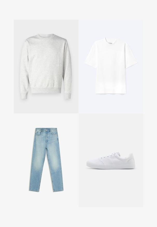 Sweatshirt gris en tissu doux. Présente un col rond, des manches longues, des poignets côtelés et un ourlet côtelé. Design simple et sans ornement.; T-shirt blanc uni à manches courtes et col rond avec une coupe décontractée, présenté sur un fond clair.; Jean en denim bleu clair taille haute à jambes droites avec poches avant et arrière et fermeture par boutons sur fond blanc.; Baskets en toile blanches avec une semelle en caoutchouc, dotées de six œillets, d'un embout texturé et d'un design minimaliste.