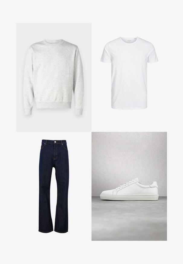Sweatshirt gris en tissu doux. Présente un col rond, des manches longues, des poignets côtelés et un ourlet côtelé. Design simple et sans ornement.; T-shirt à col rond à manches courtes de couleur blanche unie, fabriqué en coton doux, avec un design simple sans motifs ni accents visibles.; Jean denim bleu foncé à coupe droite avec bouton à l’avant, braguette zippée, passants pour ceinture et poches avant.; Sneaker blanche avec une tige en cuir lisse et un profil bas. Présente un bout arrondi, six œillets et une semelle en caoutchouc texturé.