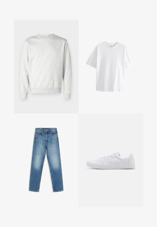 Sweatshirt gris en tissu doux. Présente un col rond, des manches longues, des poignets côtelés et un ourlet côtelé. Design simple et sans ornement.; T-shirt blanc uni à manches courtes et col rond avec une coupe décontractée sur fond blanc.; Jean en denim bleu avec une taille haute, bouton et fermeture éclair à l'avant, deux poches frontales et des zones décolorées au niveau des cuisses et des genoux.; Baskets en toile blanches avec une semelle en caoutchouc, dotées de six œillets, d'un embout texturé et d'un design minimaliste.