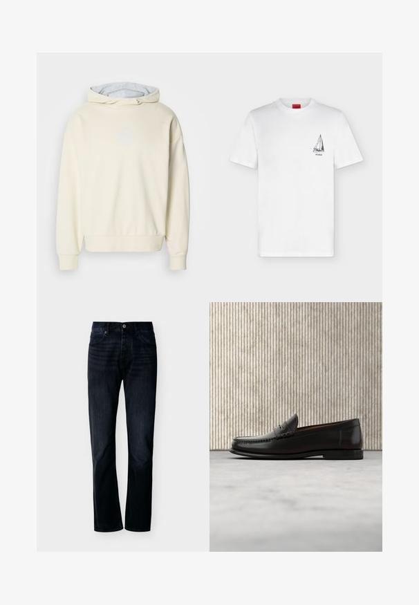 Haut à capuche couleur crème avec une texture douce, présentant une doublure intérieure grise, des épaules tombantes et un logo subtil sur la poitrine.; T-shirt blanc manches courtes col rond avec un petit motif de bateau à voile noir et le texte "HUGO" sur la poitrine gauche.; Jean droit couleur indigo foncé avec fermeture avant à boutons et zip, passants pour ceinture et design à cinq poches, présenté sur un fond clair uni.; Mocassin penny en cuir noir avec talon bas, bout arrondi et détails cousus à l'avant et sur les côtés, présenté sur un fond neutre.