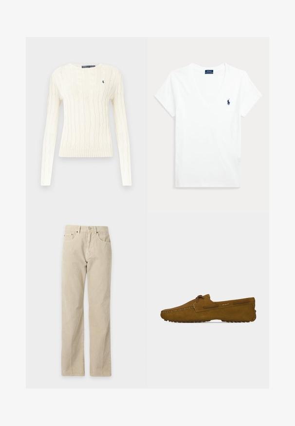 Pull en tricot blanc avec motif en cable, manches longues, col rond et ourlet côtelé. Présente un petit logo bleu marine sur la poitrine.; T-shirt blanc à manches courtes en col V avec petit logo Polo Ralph Lauren bleu foncé sur la poitrine gauche.; Pantalon beige en velours côtelé à jambes droites, avec poches avant, passants pour ceinture et fermeture par bouton, présenté sur un fond uni.; Mocassin en daim marron avec détails en lacets et semelle en caoutchouc antidérapante, vu de profil sur fond blanc uni.