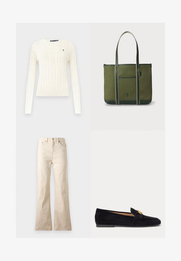 Pull en tricot blanc avec motif en cable, manches longues, col rond et ourlet côtelé. Présente un petit logo bleu marine sur la poitrine.; Pantalon beige taille haute à jambes droites, avec bouton et fermeture éclair à l'avant, poches avant et arrière, présenté sur fond uni.; Mocassin plat en daim noir avec petit talon et boucle décorative dorée sur le dessus, vue latérale sur fond uni clair.; Sac cabas en toile verte avec des accents en cuir, deux poignées et une poche avant. Présente des détails de couture et un logo discret.