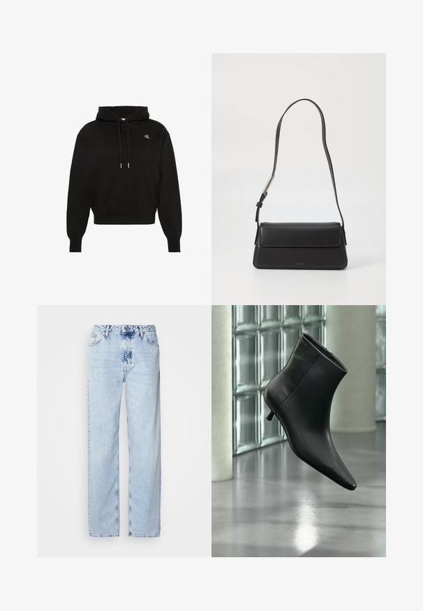 Sudadera con capucha negra de manga larga con cordones, puños acanalados, bajo acanalado y pequeño logo blanco "cK" en el lado izquierdo del pecho.; Jeans de pierna ancha en azul claro, confeccionados en denim, con una cintura alta, un lavado desgastado y un sutil patrón de tie-dye en la parte delantera.; Botín negro de cuero con punta puntiaguda y tacón bajo estilo kitten, mostrado en ángulo sobre un suelo pulido y con una pared de bloques de vidrio de fondo.; Bolso de mano de cuero negro con forma rectangular y solapa plegable. Presenta una correa delgada y una marca mínima en la parte delantera.