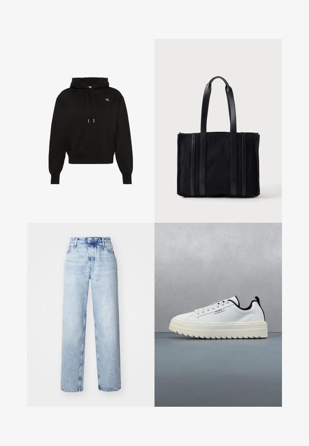 Sudadera con capucha negra de manga larga con cordones, puños acanalados, bajo acanalado y pequeño logo blanco "cK" en el lado izquierdo del pecho.; Jeans de tiro alto color azul claro con un corte holgado, que cuentan con piernas rectas, cinco bolsillos y un cierre clásico de botones y cremallera.; Zapatilla de cuero blanca con una suela gruesa y texturizada de diseño serrado. Los acentos negros en el talón y la lengüeta añaden contraste.; Bolso tote rectangular negro con dos asas largas y acentos verticales de cuero en la parte delantera, sobre un fondo claro y liso.