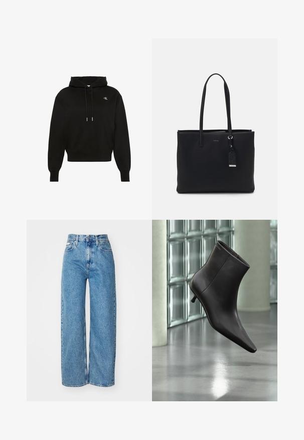Sudadera con capucha negra de manga larga con cordones, puños acanalados, bajo acanalado y pequeño logo blanco "cK" en el lado izquierdo del pecho.; Jeans de mezclilla de pernera ancha en azul claro con cintura alta, dobladillo deshilachado y diseño de cinco bolsillos. La textura desgastada añade profundidad a la tela.; Bota de cuero negro para el tobillo con puntera puntiaguda y tacón pequeño, exhibida frente a una pared de bloques de vidrio y un suelo pulido.; Bolso tote negro hecho de material duradero, con dos asas largas, cierre de cremallera y una pequeña etiqueta con detalle del logo.