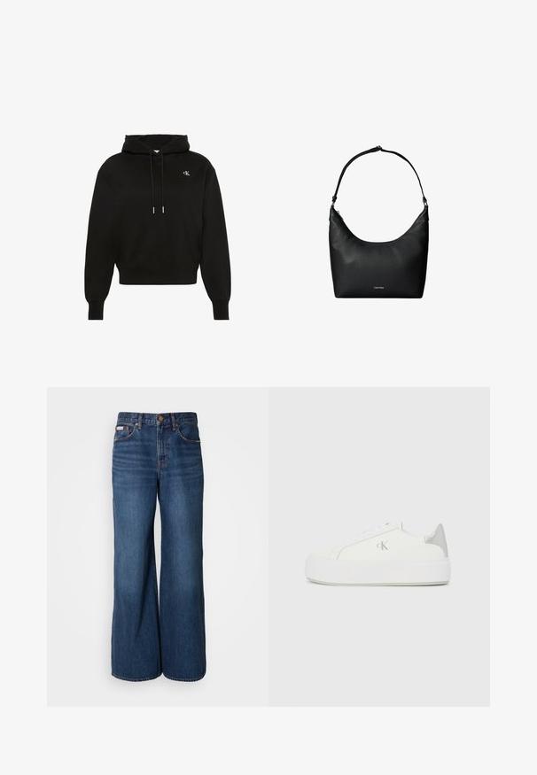 Musta pitkähihainen huppari nyöreillä, resorit hihansuissa ja helmassa sekä pieni valkoinen "cK" logo vasemmassa rinnassa.; Levikset leveillä lahkeilla, valmistettu tummansinisestä denim-kankaasta. Ominaisuuksiin kuuluu korkea vyötärö, viisi taskua ja kontrastiväri oranssia silkkauslangan saumoissa.; Valkoiset kangaskengät paksulla valkoisella pohjalla, joissa on metallinhohtoinen hopea korostus kannassa ja hillitty logotaito sivulla.; Musta kuvioitu nahkainen olkalaukku, jossa on yksittäinen hihna ja pieni Calvin Kleinin logo etukeskellä.