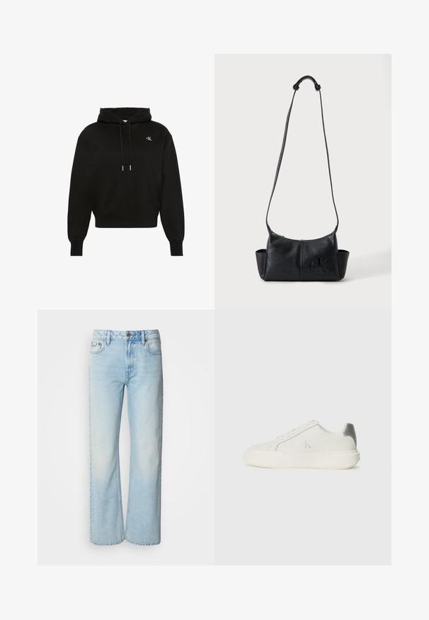 Sweat à capuche noir à manches longues avec cordons, poignets côtelés, ourlet côtelé et petit logo blanc "cK" sur la poitrine gauche.; Jeans à jambes larges bleu clair en denim, présentant un design classique à cinq poches et une texture légèrement décolorée. La couture en denim est visible.; Baskets blanches en cuir avec une texture lisse, présentant un accent argenté sur le talon, une semelle plate et un design minimaliste.; Sac bandoulière en cuir noir avec longue bandoulière réglable, poches latérales, fermeture zippée et logo Calvin Klein embossé sur le devant.