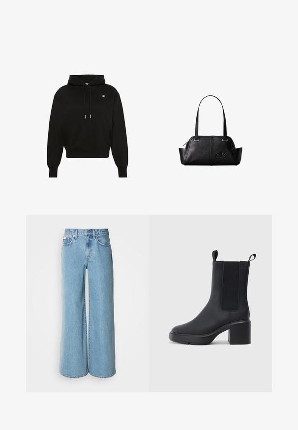 Sudadera con capucha negra de manga larga con cordones, puños acanalados, bajo acanalado y pequeño logo blanco "cK" en el lado izquierdo del pecho.; Jeans de mezclilla de corte ancho en un tono azul claro, con cintura alta, diseño de cinco bolsillos y un ligero desgastado en la tela.; Botín negro de tobillo hecho de un material de goma liso, con paneles laterales elásticos, tacón bloque y tiradores en la parte superior para facilitar su uso.; Bolso de hombro de cuero negro con dos asas y logo de Calvin Klein en relieve en la parte delantera, cierre de cremallera y laterales ligeramente acampanados.