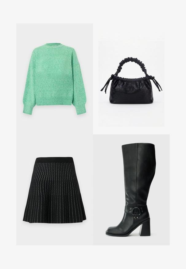 Pull en maille vert menthe doux avec manches longues bouffantes, poignets côtelés, encolure ronde et ourlet côtelé.; Jupe noire en mailles texturées avec des rayures argentées en zigzag, conçue avec une silhouette évasée et une taille noire solide.; Bottes en cuir noires arrivant au genou, avec un bout carré, un large talon et une sangle décorative avec des accents métalliques autour de la cheville. Texture lisse.; Sac à main noir avec texture crocodile, bord supérieur froncé, poignée plissée et pompons à cordon de chaque côté sur fond blanc.