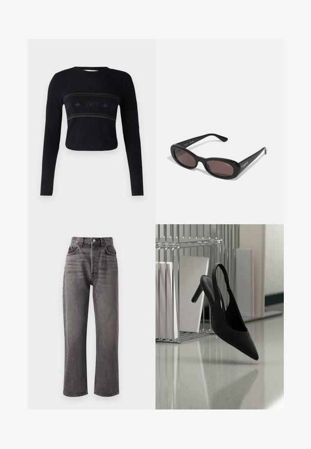 Mustan lyhyen hihaisen neuleen, jossa on pitkät hihat ja teksturoitu vaakabandi, jossa on tyyliteltyjä kuvioita ja tähtiä rinnan kohdalla.; Agolde 90'S PINCH WAIST CROP - Relaxed fit -farkut - grey; Musta, kärjestään kärkäs, slingback-tyylinen korkokenkä leijuu ilmassa kiiltävän lattian yllä, taustalla pino kansioita.; Mustat aurinkolasit, joissa on soikeat kehykset, tummat linssit ja "vogue" painettuna valkoisena ulkopuolisille varsille. Sileä muovimateriaali.