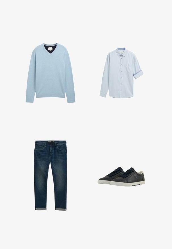 Lichtblauw V-hals sweater gemaakt van zachte katoen. Kenmerkt zich door lange mouwen, ribgebreide manchetten en een subtiele logo op de borst.; Lichtblauw ingebutton shirt met lange mouwen, opgerolde manchetten, een enkele borstzak en bruine knopen voor sluiting. Zachte stofstructuur.; Donkerblauwe denim jeans met een regular fit, met vijf zakken, een klassieke ritssluiting en opgerolde broekspijpen met een contrasterende binnenvoering.; Marine leren sneakers met witte rubberen zolen, ronde neus en zwarte veters. Subtiele texturen en branding aan de zijkanten. Casual ontwerp.