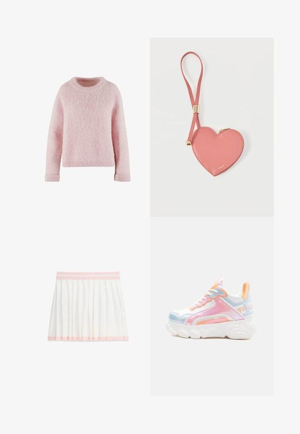 Pull léger rose en matière douce et duveteuse. Présente un col rond et des poignets côtelés. Design simple et confortable sans motifs.; Jupe plissée blanche avec ceinture et bordure rose pâle, longueur genou, vue à plat sur fond blanc.; Baskets blanches épaisses avec des accents pastel rose, bleu et orange, semelle épaisse, devant à lacets, et languette de talon avec logo.; Pochette à pièces en cuir rose en forme de cœur avec sangle de poignet et fermeture éclair dorée, marquée d’un petit texte doré "Furla".