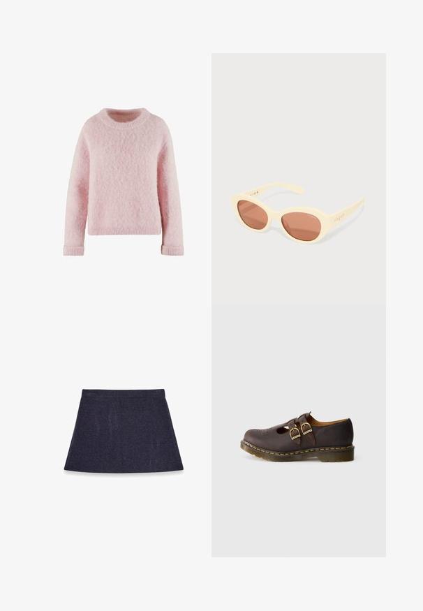 Suéter rosa claro hecho de material suave y esponjoso. Presenta un cuello redondo y puños acanalados. Diseño simple y acogedor sin patrones.; Falda A-line de longitud hasta la rodilla en gris oscuro, con una cinturilla elástica simple, mostrada sobre un fondo blanco.; Zapato de cuero marrón oscuro con correas de doble hebilla, diseño de punta perforada y suela gruesa translúcida con costuras amarillas.; Gafas de sol con un marco de color amarillo pálido, lentes ovalados de tintado marrón y el logo de "vogue" impreso en las patillas. Textura suave, diseño contemporáneo.