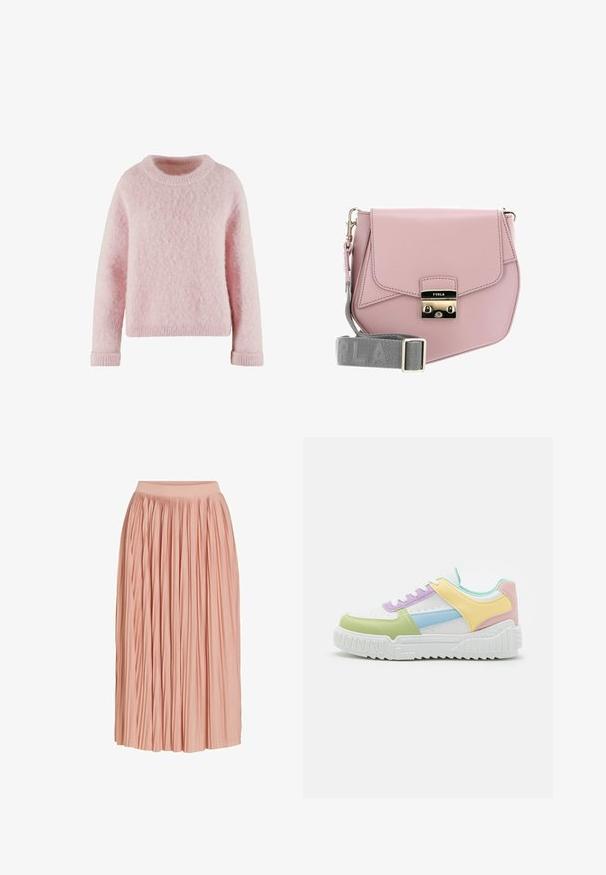 Suéter rosa claro hecho de material suave y esponjoso. Presenta un cuello redondo y puños acanalados. Diseño simple y acogedor sin patrones.; Falda plisada midi de color rosa claro con una cinturilla ancha, hecha de tela ligera, mostrada sobre un fondo blanco.; Zapatilla multicolor con una base blanca y acentos en verde, morado, azul, amarillo y rosa. Textura suave, diseño con cordones y suela gruesa.; Bolso cruzado de cuero rosa con cierre de solapa, hardware plateado y una correa gris con el nombre de la marca. Textura suave, diseño minimalista.