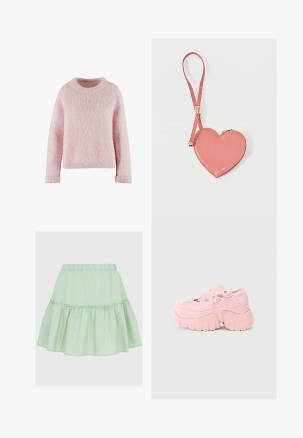 Suéter rosa claro hecho de material suave y esponjoso. Presenta un cuello redondo y puños acanalados. Diseño simple y acogedor sin patrones.; Falda de color verde claro en capas con cintura elástica y una textura suave y lisa. El diseño incluye un volán en el dobladillo.; Zapato de plataforma gruesa en color rosa con doble hebilla en forma de corazón, bordes de encaje y suela gruesa esculpida, sobre un fondo blanco liso.; Monedero de cuero rosa en forma de corazón con correa para la muñeca y cremallera dorada, con la marca "Furla" en pequeño texto dorado.