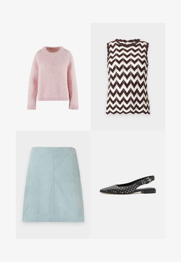 Pull léger rose en matière douce et duveteuse. Présente un col rond et des poignets côtelés. Design simple et confortable sans motifs.; Haut sans manches en tricot avec motif zigzag marron et blanc et bords festonnés aux épaules et à l'ourlet.; Jupe trapèze en daim bleu clair avec une couture centrale, longueur au genou, et une texture lisse sur un fond uni.; Ballerines noires à brides arrière avec un design à bout pointu, ornées de rivets en œillets circulaires argentés, dotées d'un petit talon carré et d'une sangle réglable à boucle.