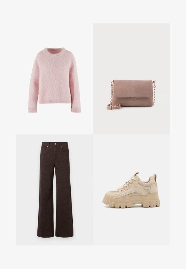 Suéter rosa claro hecho de material suave y esponjoso. Presenta un cuello redondo y puños acanalados. Diseño simple y acogedor sin patrones.; Vaqueros de pierna ancha marrones con un sutil patrón de leopardo, confeccionados en denim con una textura suave y un clásico diseño de cinco bolsillos.; Zapatillas chunky beige con una mezcla de malla y ante, con una suela gruesa y un dibujo de tacos prominente, diseño con cordones y detalle de marca.; Bolso bandolera de ante en taupe claro, con solapa abatible, cadena dorada como asa y un bolsillo abierto con detalles mínimos de costura.