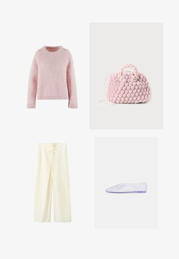 Suéter rosa claro hecho de material suave y esponjoso. Presenta un cuello redondo y puños acanalados. Diseño simple y acogedor sin patrones.; Pantalones de pierna ancha de color crema con cintura alta y detalle de lazo delantero en la pretina.; Zapato plano transparente con un diseño de rejilla tejida y una punta ligeramente puntiaguda, mostrado sobre un fondo blanco.; Bolso de mano texturizado en forma de pom-pom rosa con un asa trenzada y una correa delgada. Forma redonda, superficie suave, diseño compacto.