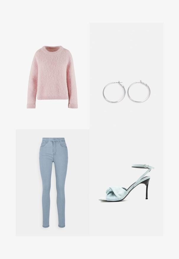 Suéter rosa claro hecho de material suave y esponjoso. Presenta un cuello redondo y puños acanalados. Diseño simple y acogedor sin patrones.; Denim Project WMAJA HIGHWAIST - Vaqueros pitillo - light blue; Sandalia de tacón alto de ante azul claro con tira frontal anudada y delgada correa en el tobillo con hebilla, sobre un tacón de aguja negro.; sweet deluxe EARRING - Pendientes - silver-coloured