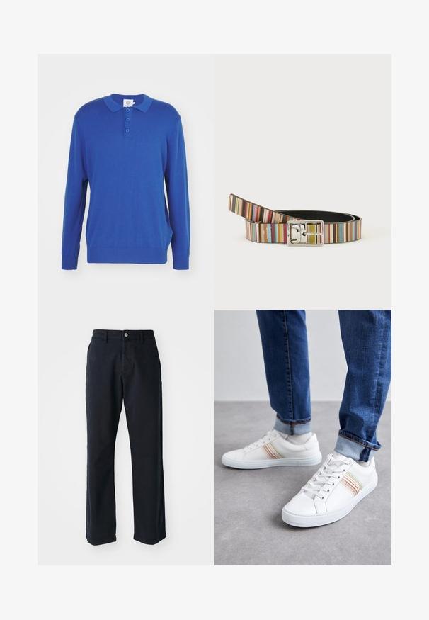 Langärmliger blauer Polo-Pullover mit Kragen, drei Knopfverschluss und gerippten Bündchen und Saum. Hergestellt aus einem weichen Strickstoff.; Marineblaue Baumwollhose im geraden Schnitt, mit einem Frontknopfverschluss und zwei Seitentaschen. Glatte Textur, keine sichtbaren Muster.; Weiße Leder-Sneaker mit mehrfarbigen Streifen, Schnürdesign, Gummisohle und gepolstertem Kragen, kombiniert mit blauen Jeans.; Gestreifter Gürtel mit mehreren vertikalen Farben und einer glänzenden silbernen rechteckigen Schnalle, zusammengerollt auf einem schlichten weißen Hintergrund liegend.