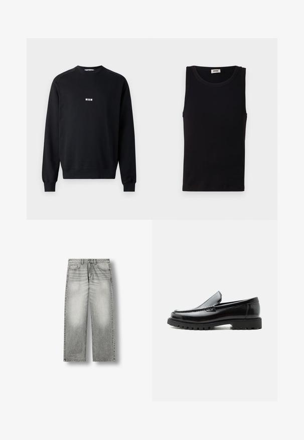 Sweatshirt noir en coton mélangé, avec un col rond, des manches longues, des poignets côtelés et un logo MSGM blanc sur la poitrine.; Débardeur noir sans manches en coton doux. Il présente une encolure ronde et une coupe droite, avec des détails de couture minimaux.; Jean en denim gris délavé droit avec poches avant, passants de ceinture et fermeture par bouton sur fond blanc.; Mocassin en cuir noir avec semelle en caoutchouc épaisse, dessus cousu et nom de marque embossé sur le talon, présenté de profil sur fond blanc.