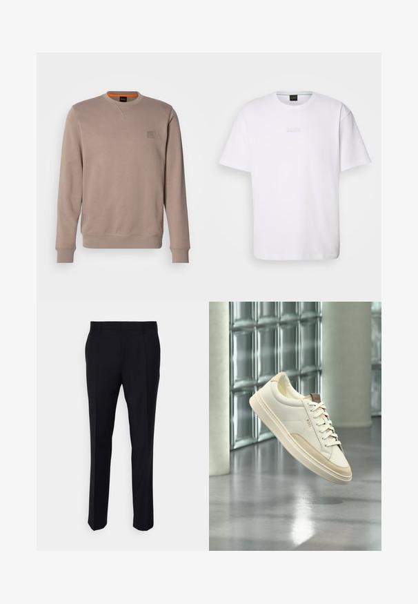 Sweatshirt beige à manches longues, encolure ras du cou et poignets côtelés. Présente un petit patch en logo texturé sur la poitrine. Texture de tissu douce.; T-shirt en coton blanc à manches courtes, col rond, avec un logo « BOSS » en relief sur la poitrine. Texture lisse, coupe standard.; Pantalon noir en tissu tissé, à coupe ajustée, avec un devant plat, des poches latérales et une coupe droite.; Sneaker blanc à tige basse avec des accents beiges et des lacets, de la marque « BOSS », flottant au-dessus d’un sol poli avec un mur en blocs de verre en arrière-plan.