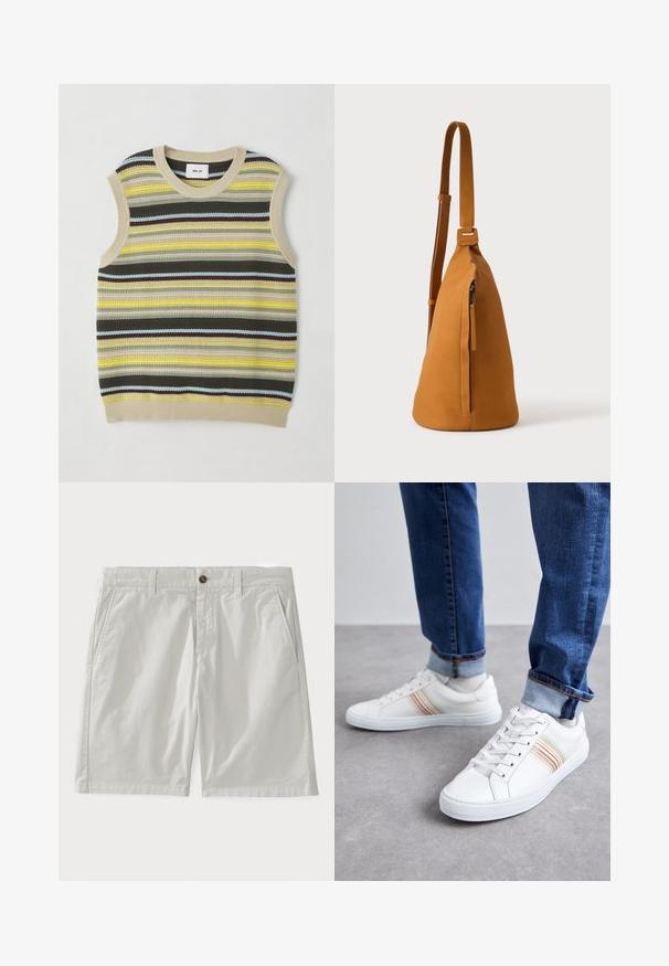 Haut sans manches en tricot avec des rayures horizontales jaunes, vertes, brunes et bleues. Encolure ronde avec une bordure en côte beige. Tissu texturé.; Shorts en coton blanc avec fermeture à bouton, passants de ceinture et poches latérales. Le tissu a l'air lisse avec un design classique et soigné.; Baskets en cuir blanc avec des rayures multicolores, design à lacets, semelle en caoutchouc et col rembourré, associées à un jean en denim bleu.; Sac besace en cuir couleur fauve avec sangle réglable et poche verticale zippée, présenté de profil sur un fond clair uni.