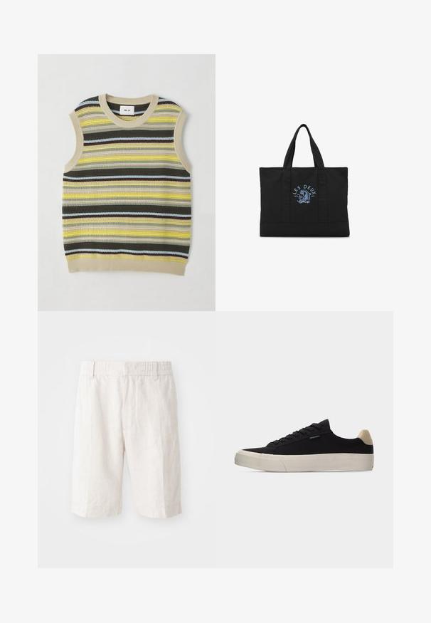 Haut sans manches en tricot avec des rayures horizontales jaunes, vertes, brunes et bleues. Encolure ronde avec une bordure en côte beige. Tissu texturé.; Shorts en lin beige clair avec une taille élastique, poches latérales et une coupe droite. Texture lisse avec des coutures minimales visibles.; Baskets basses noires avec languette beige au talon, semelle en caoutchouc blanche épaisse, lacets noirs et petite étiquette "PS Paul Smith" sur le côté.; Sac cabas noir avec deux poignées et texte bleu "Les Deux" au-dessus d’un design graphique bleu au centre avant.