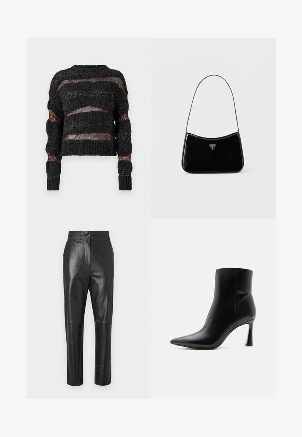 Zwarte cropped sweater met een gestructureerd breiwerk, gekenmerkt door horizontale open weefsels en contrasterende oranje draden. Lange mouwen met geribde manchetten.; Zwarte leren broek met een gepolijste afwerking, een taaie pasvorm, recht gesneden pijpen en subtiele naden. Geen zichtbare hardware of accenten.; Zwarte leren enkellaars met puntige neus en smalle, hoge naaldhak, getoond in zijaanzicht op een witte achtergrond.; Zwarte schoudertas van lakleer met een smalle band, driehoekig Guess-logo aan de voorkant en een ritssluiting bovenaan.