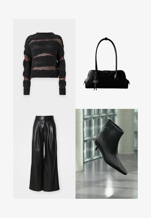 Zwarte cropped sweater met een gestructureerd breiwerk, gekenmerkt door horizontale open weefsels en contrasterende oranje draden. Lange mouwen met geribde manchetten.; Zwarte faux leren broek met wijde pijpen en hoge taille, met geplooid voorpand en een gladde textuur. Heeft een schoon, minimalistisch ontwerp.; Zwarte leren enkellaars met spits toelopende neus en lage kittenhak, schuin weergegeven tegen een gepolijste vloer en een glazen blokken muur als achtergrond.; Zwarte leren Calvin Klein handtas met lange hengsels, een logo-label aan de voorkant en een zilverkleurige geometrische hanger die aan één hengsel hangt.