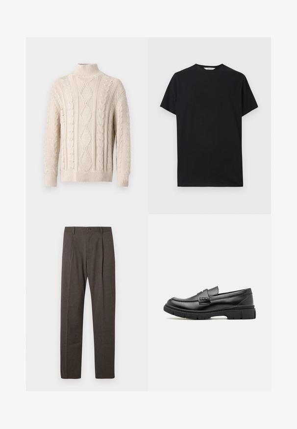 Cremefarbenes, kabelgestricktes Rollkragensweatshirt mit Rauten- und Zopfmustern, mit gerippten Bündchen und Saum, auf einem schlichten Hintergrund präsentiert.; Schwarzes T-Shirt mit kurzen Ärmeln aus weichem Baumwollstoff. Rundhalsausschnitt mit lockerer Passform, das saubere, einfache Linien aufweist und keine sichtbaren Muster hat.; Braune maßgeschneiderte Hosen mit Vorderfalten, Gürtelschlaufen und einem einzelnen Knopfverschluss an der Taille vor einem weißen Hintergrund.; Schwarze Lederloafer mit einem breiten Riemen über dem Rist, Gummisohle mit dicken Profilen und glatter Textur. Klassisches, schlankes Design.
