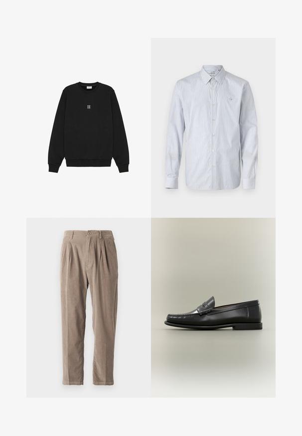 Sweatshirt noir en coton, avec un col rond et des poignets côtelés, portant le texte "II" brodé en blanc sur le devant.; Chemise à manches longues rayée en mélange de coton bleu clair et blanc. Dotée d'une fermeture à boutons, d'un col classique et d'un petit logo brodé sur la poitrine.; Pantalon en velours côtelé beige avec une coupe décontractée, présentant des plis, une fermeture à bouton, des poches latérales, une surface texturée et un design de jambe fuselée.; Mocassin pour homme en cuir noir avec un design moc-toe, une lanière à monnaie et un talon bas sur un fond neutre.