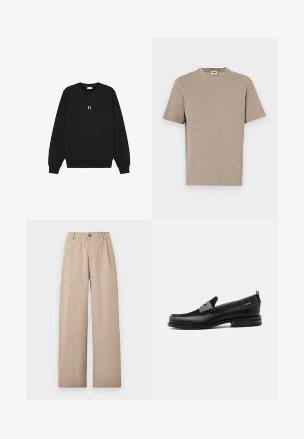 Sort sweatshirt lavet af bomuld, med rund hals og ribbede manchetter, med teksten "II" broderet i hvidt på forsiden.; Beige bomulds t-shirt med rund hals, korte ærmer og lige kant. Glat tekstur, minimalistisk design, ingen synlige grafik eller accenter.; Beige vide bukser med struktureret finish, der har folder og en elastisk talje, fastgjort med en bronze knap foran.; Sort læderloafer med grå remdetalje, lav hæl og tekstureret sål, mærket med "HUGO" i guld på siden.