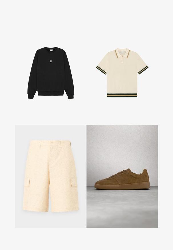 Schwarzer Sweatshirt aus Baumwolle mit Rundhalsausschnitt und gerippten Manschetten, mit dem in Weiß gestickten Text "II" auf der Vorderseite.; Kurzärmeliges cremefarbenes Strick-Poloshirt mit beigem Kragenabschluss, Knopfleiste und grünen sowie beigen Streifen an Ärmeln und Bund.; Helle beige Cargo-Shorts aus strukturiertem Stoff, mit zwei Seitentaschen, Knopfverschluss und lockerem Schnitt.; Brauner Veloursleder-Sneaker mit hellbraunen Schnürsenkeln und Gummisohle. Verfügt über eine abgerundete Zehenpartie und gestickte Details am Obermaterial. Leichtes Design.