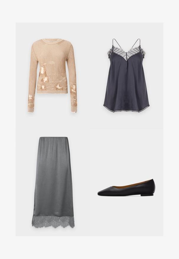 Pull en tricot beige clair avec des rayures verticales, présentant plusieurs zones usées laissant apparaître le tissu intérieur et des poignets effilochés.; Camisole en satin gris foncé avec fines bretelles et bordure en dentelle rayée transparente le long de l'encolure et de l'ourlet sur fond blanc.; Jupe en satin gris avec une ceinture élastique. L'ourlet est orné d'une délicate bordure en dentelle, ajoutant texture et détails. Tissu lisse et fluide.; Chaussure plate en cuir noir à bout pointu avec talon bas et finition lisse, vue de côté sur un fond gris clair.